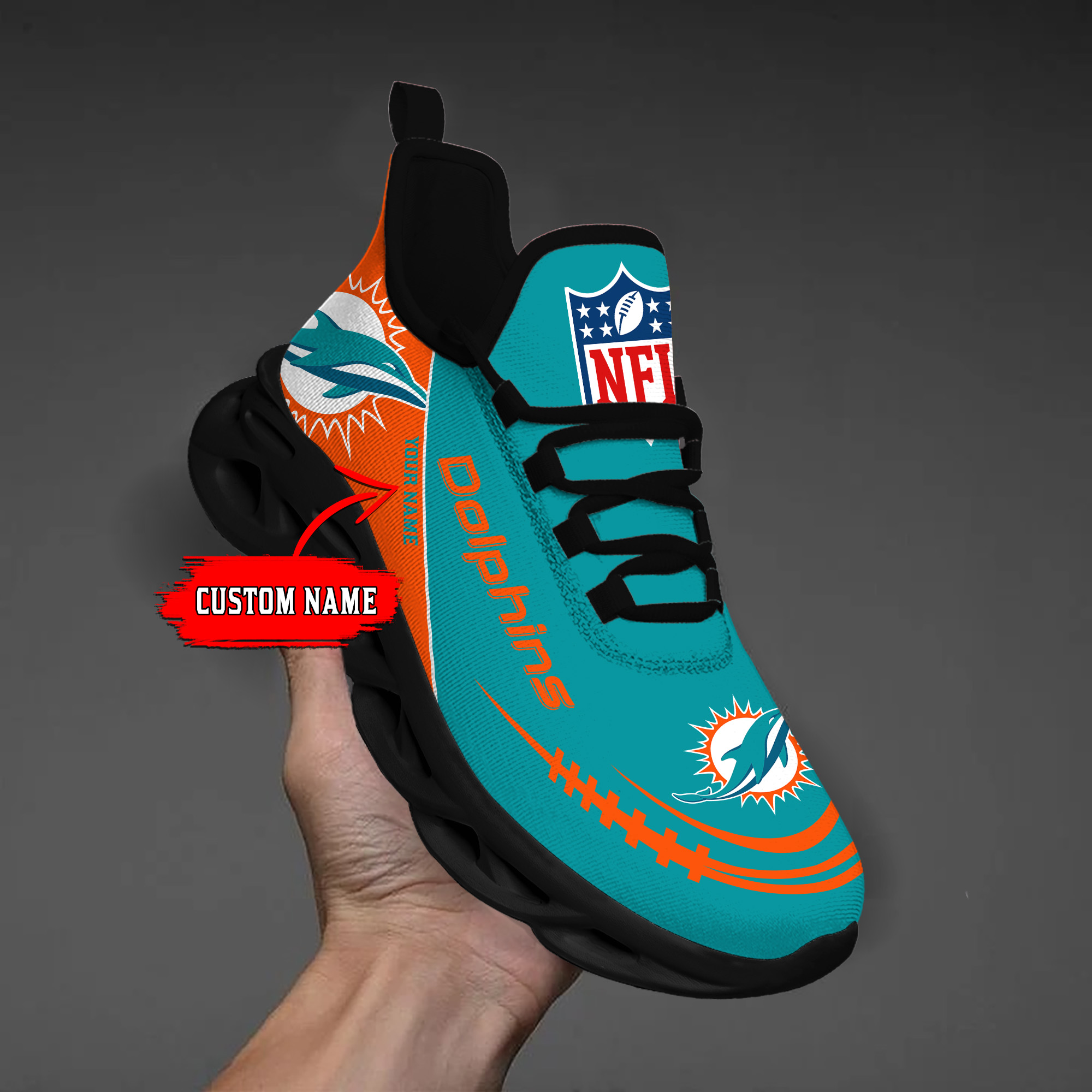1 Custom Name   Miami Dolphins   PERSONALIZED MAX SOUL SHOES T2