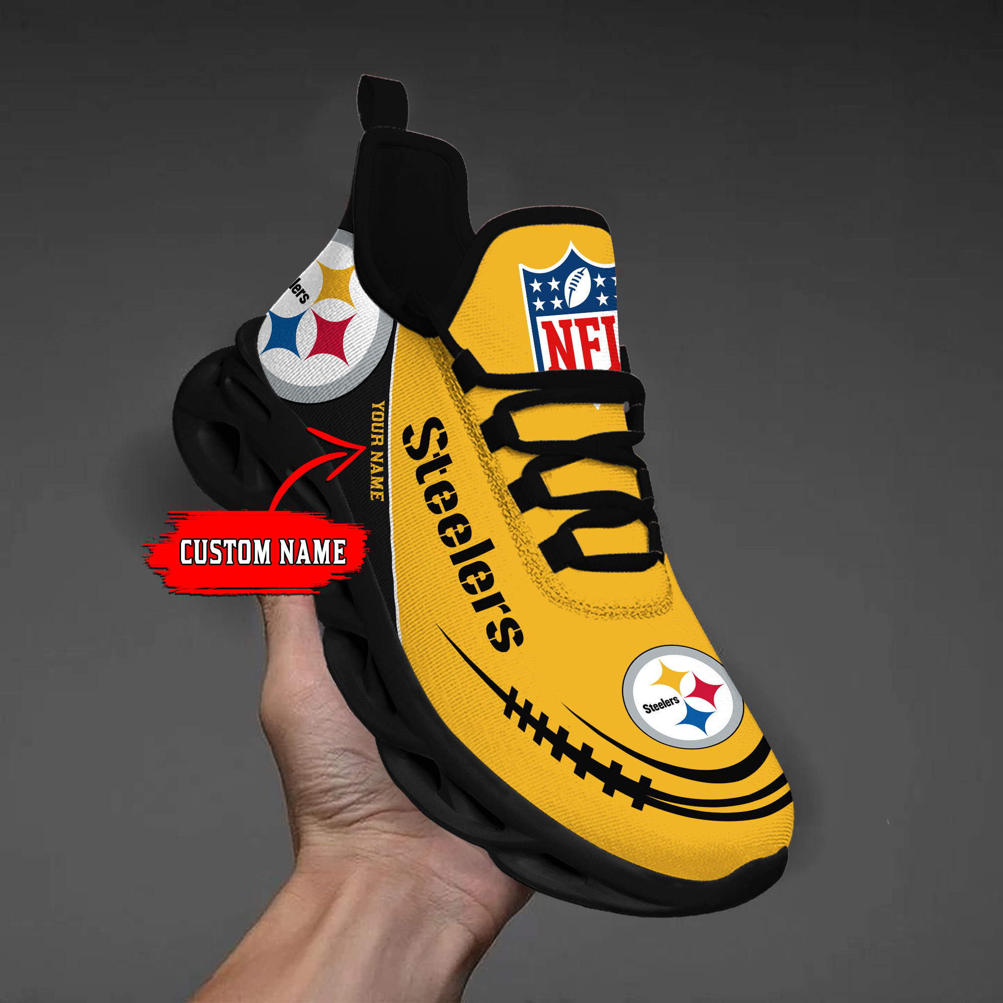 1 Custom Name   Pittsburgh Steelers   PERSONALIZED MAX SOUL SHOES T2